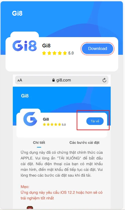 Giao diện tải Game Gi8 dành cho iOS